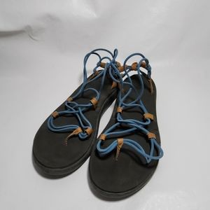 Womans TEVA Sz 9 Blue And Brown Elastic Strappy Sandles Thongs